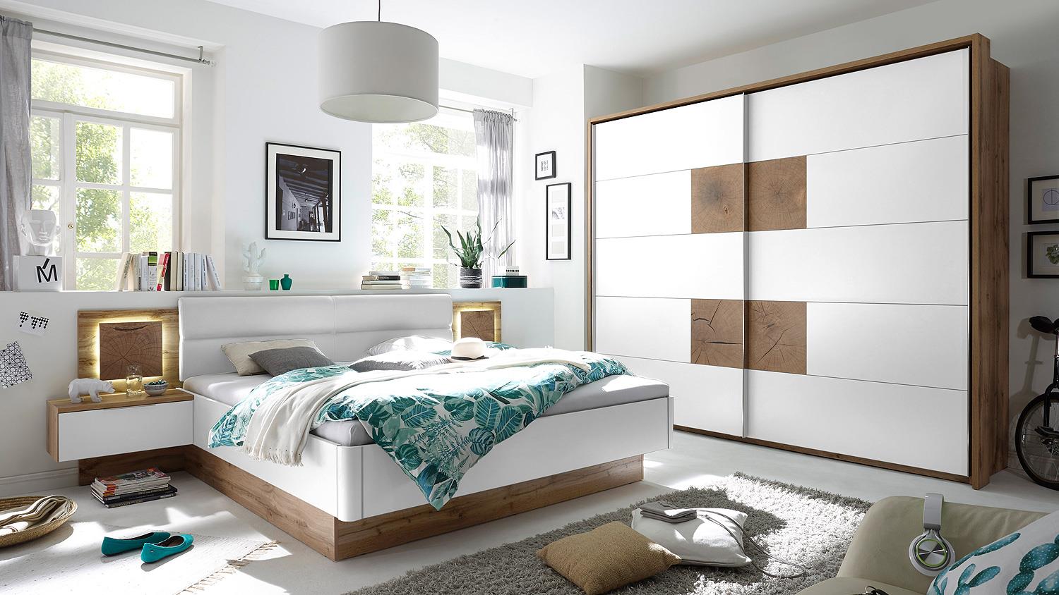 Schlafzimmer CAPRI Wildeiche weiß und Hirnholz inkl. LED