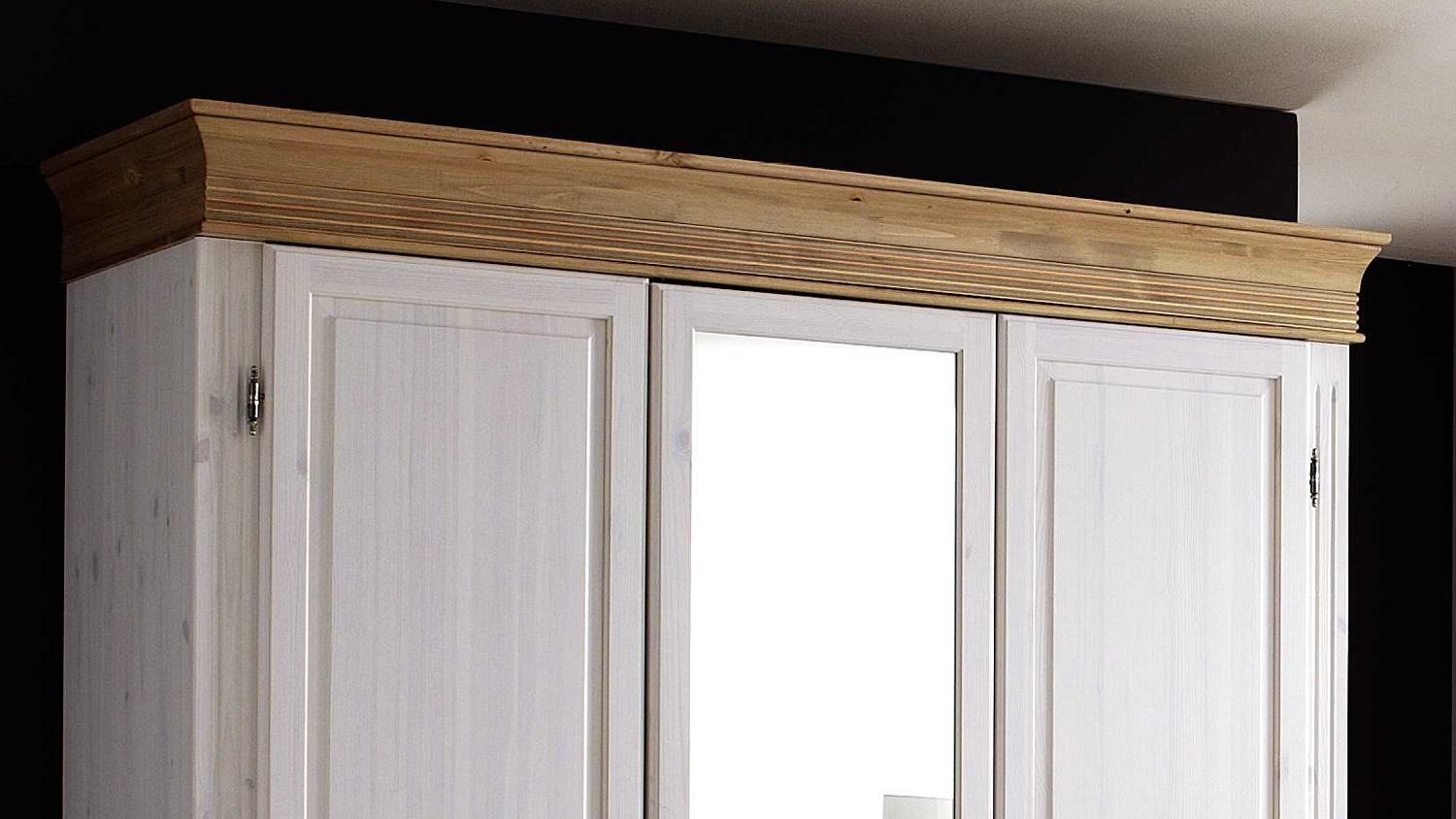 Kleiderschrank OSLO Kiefer massiv weiß antik 3-trg mit Spiegel