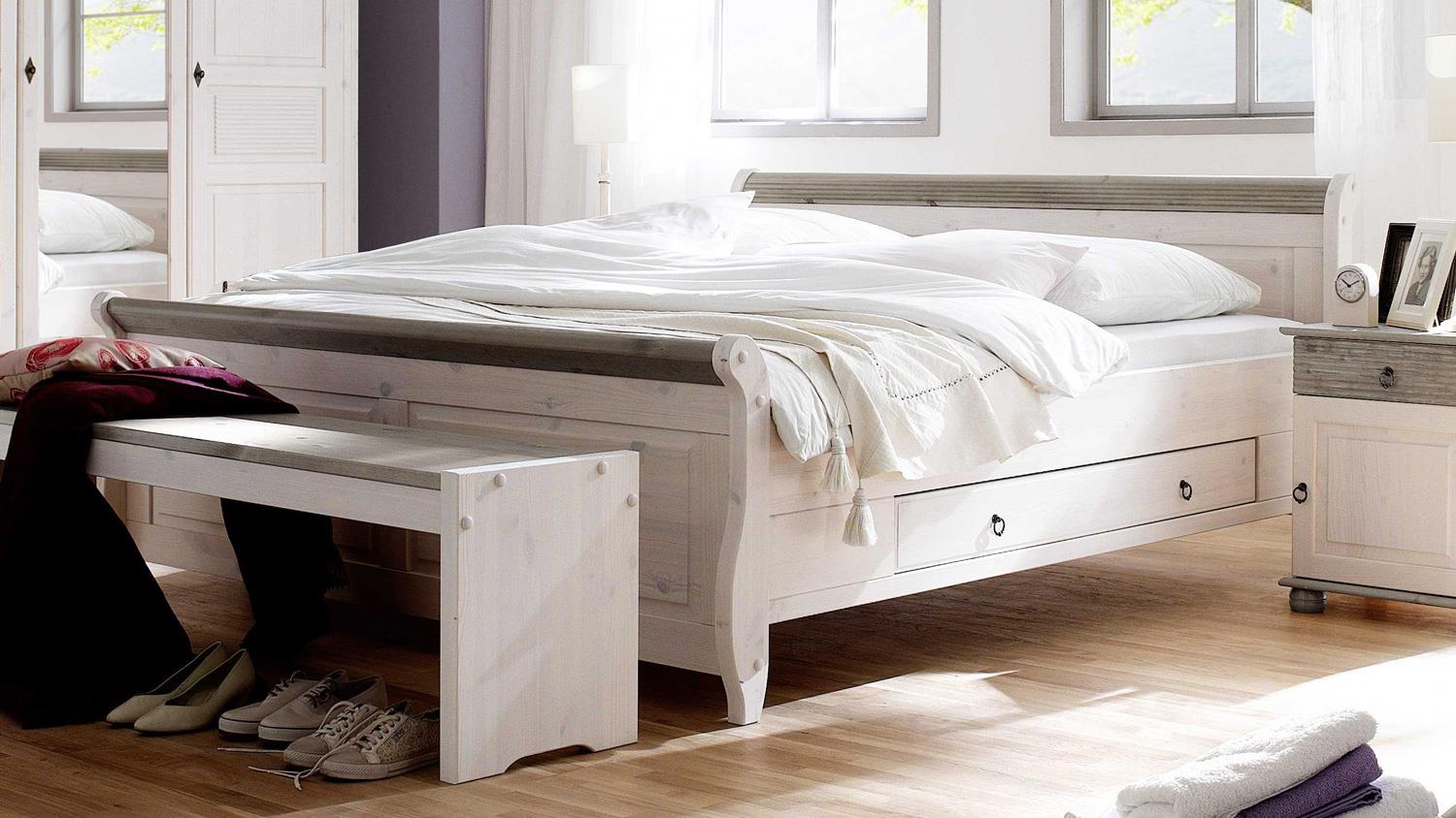 Bett OSLO Doppelbett aus Kiefer massiv weiß lava 8x8 cm
