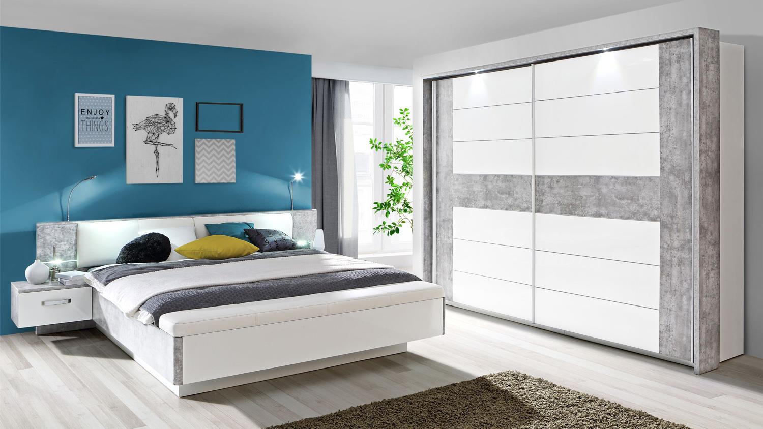 Schlafzimmer-Set 1 RONDINO in Betonoptik und Weiß mit LED