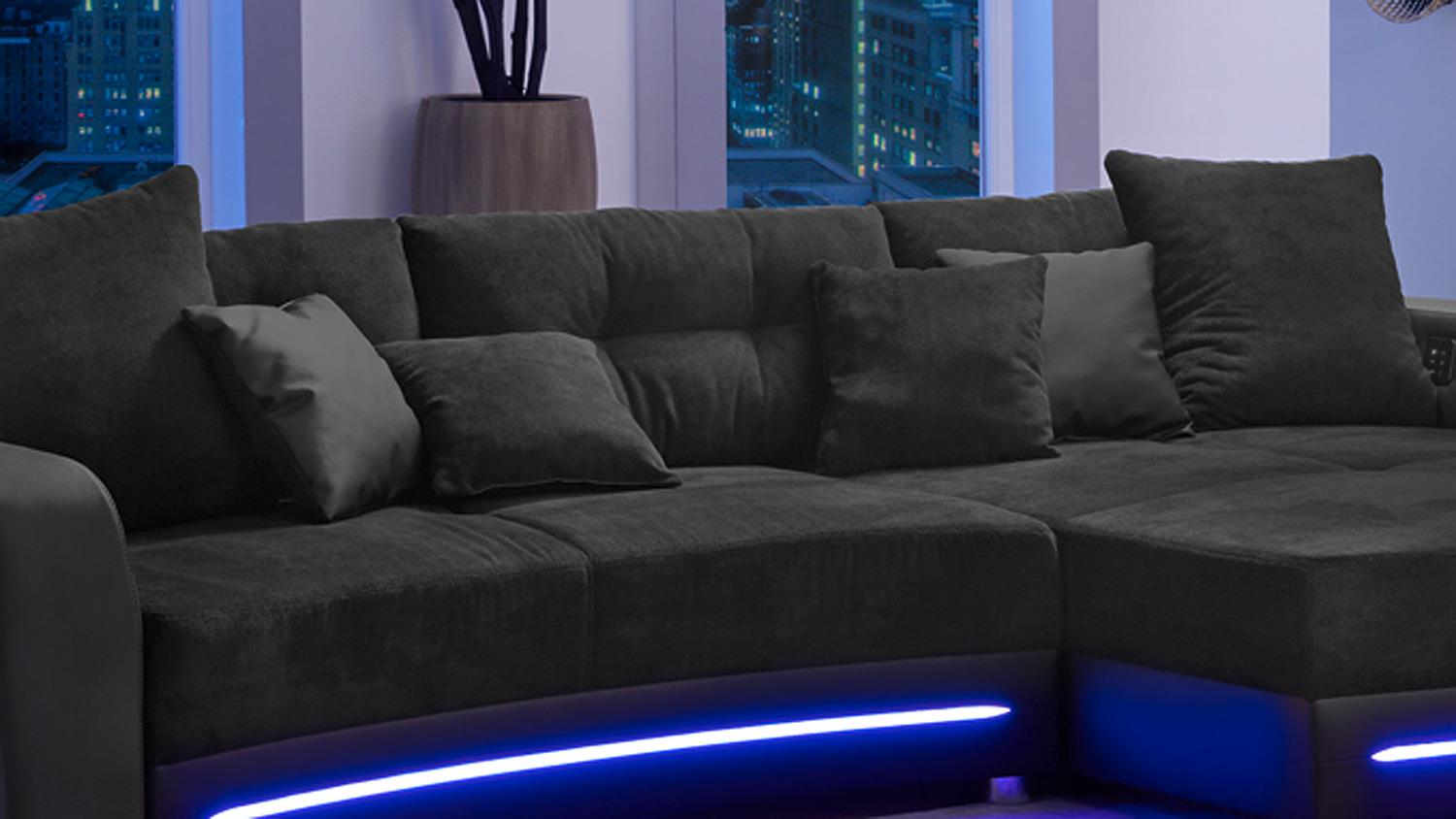 Wohnlandschaft LAREDO Sofa  schwarz mit LED  und Soundsystem