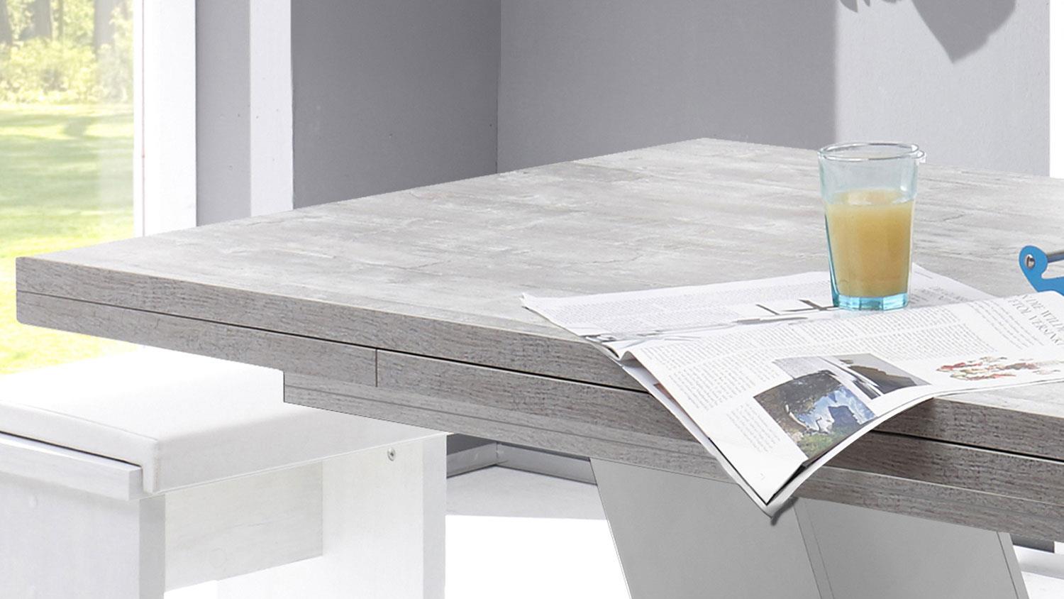 Esstisch Komfort Beton weiß edelstahloptik 180 cm ausziehbar