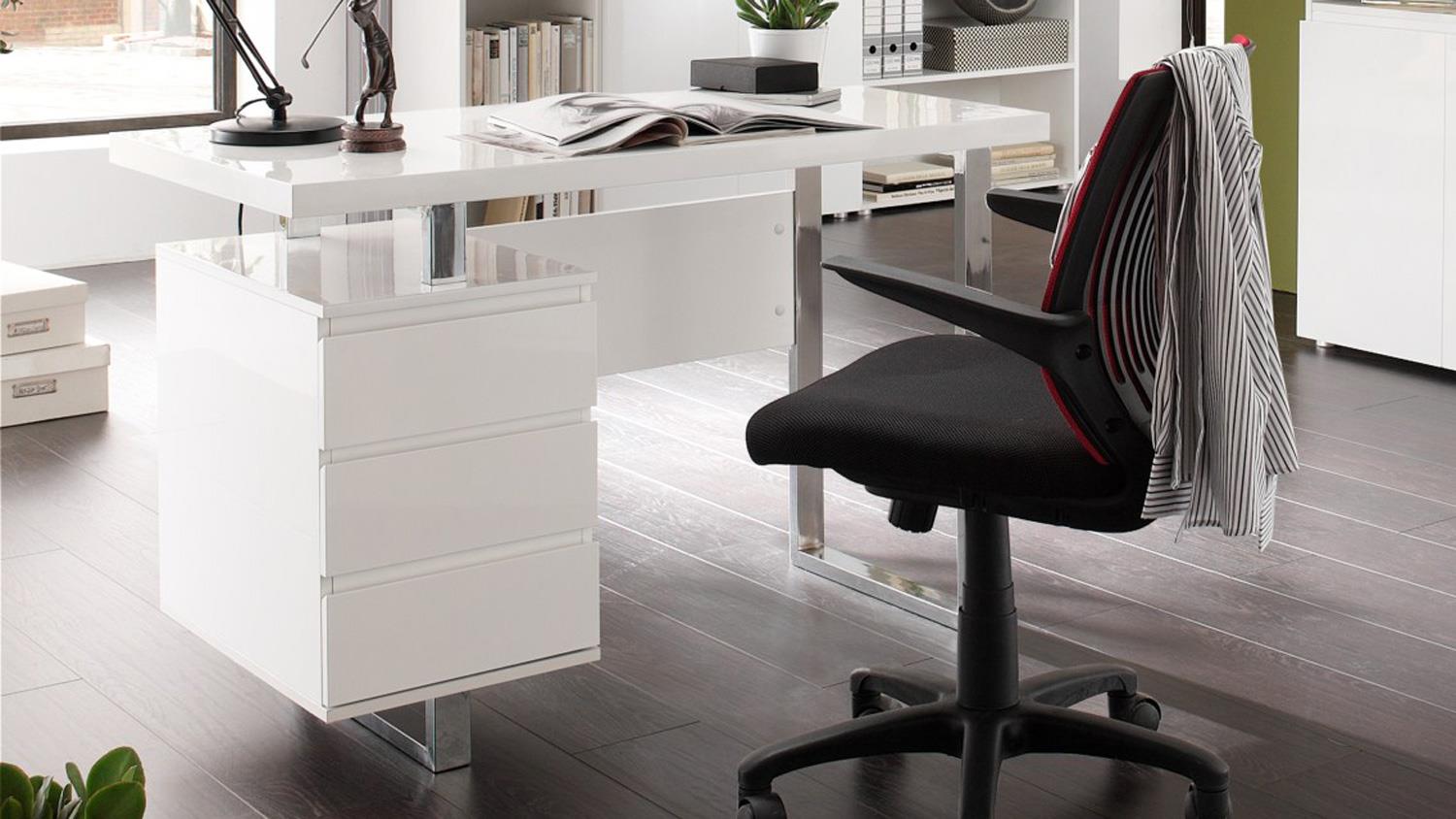 Schreibtisch Sydney Bürotisch in weiß Hochglanz lackiert mit 3 Schubkästen 