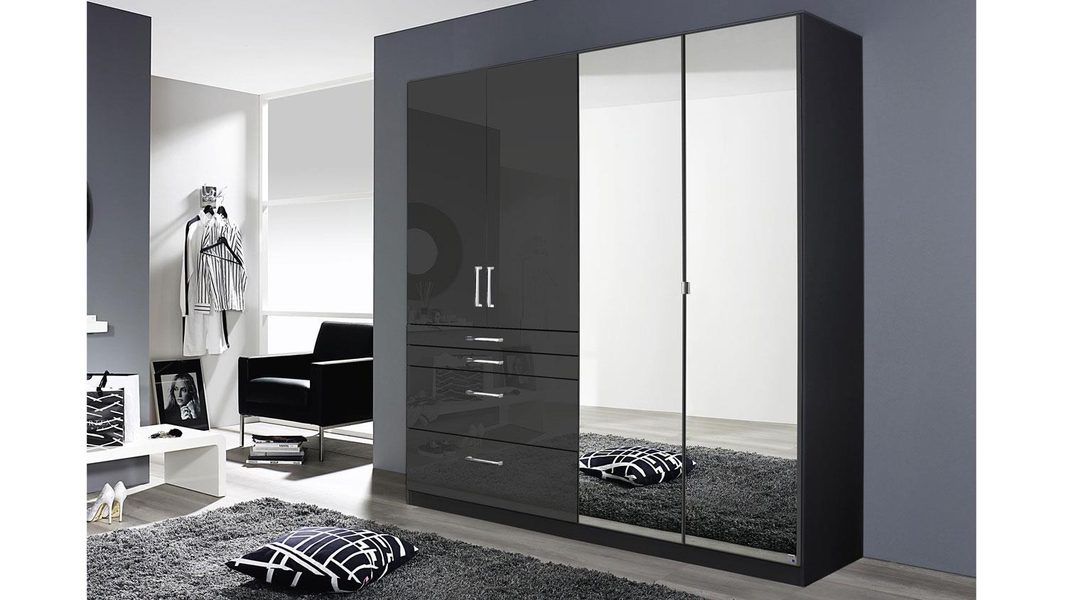 Kleiderschrank HOMBURG grau Hochglanz mit Spiegel 181x54 | Drehtürenschränke