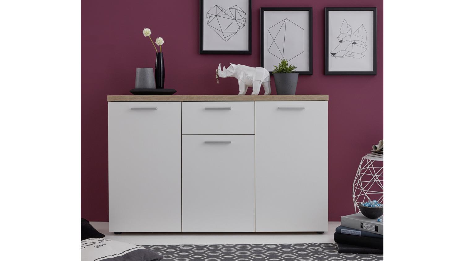 Sideboard Kommode Weiß Eiche Sägerau Wohnzimmer Möbel