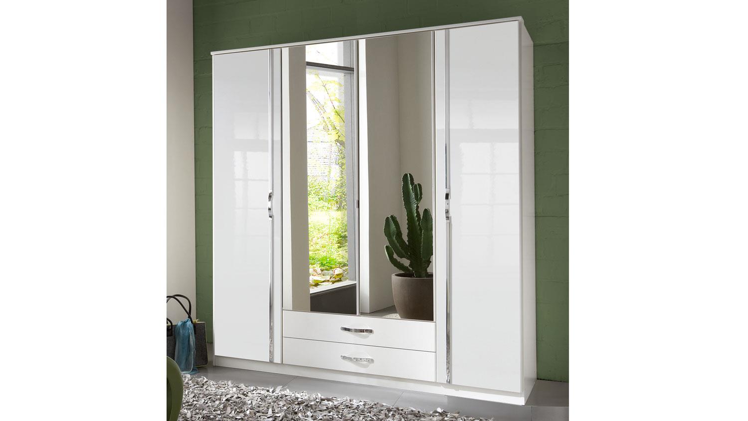 Kleiderschrank TRIO Schrank in weiß Hochglanz Chrom 14 cm mit Spiegel