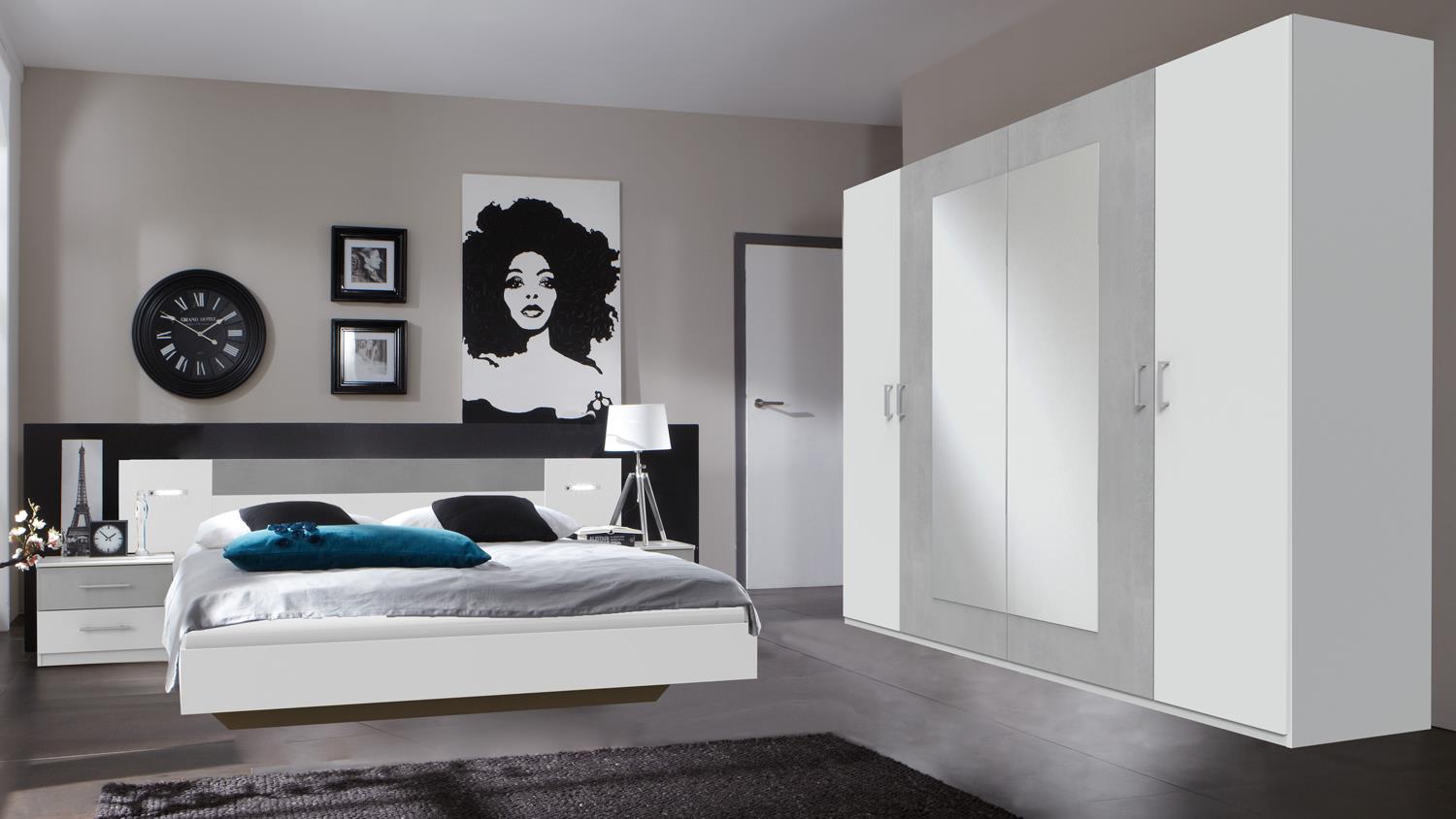Schlafzimmer ANGIE in weiß LED mit mit lichtgrau Beton