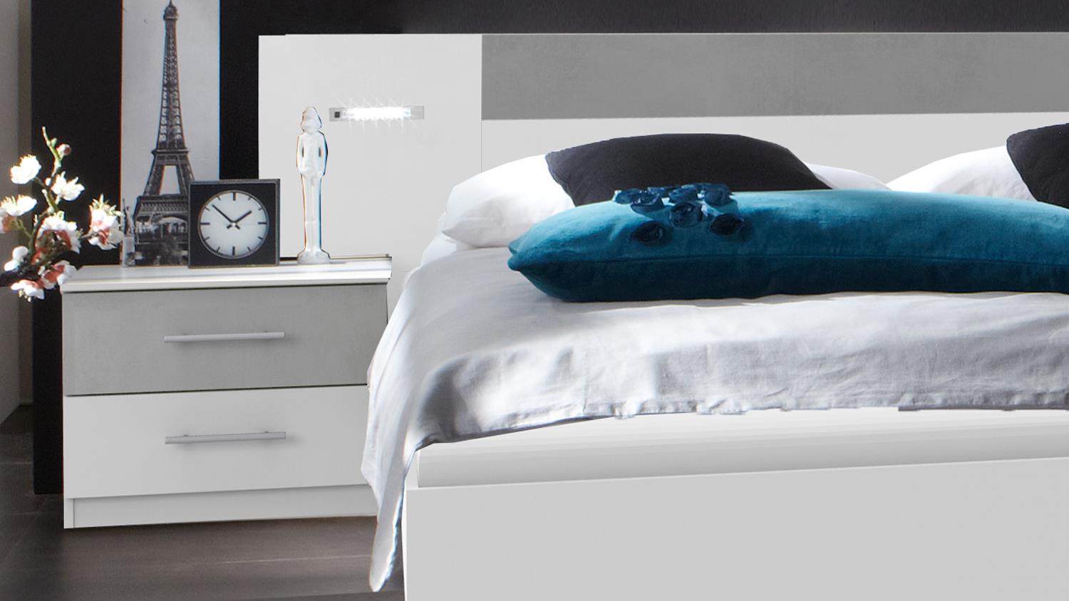 Schlafzimmer ANGIE in weiß mit LED Beton lichtgrau mit