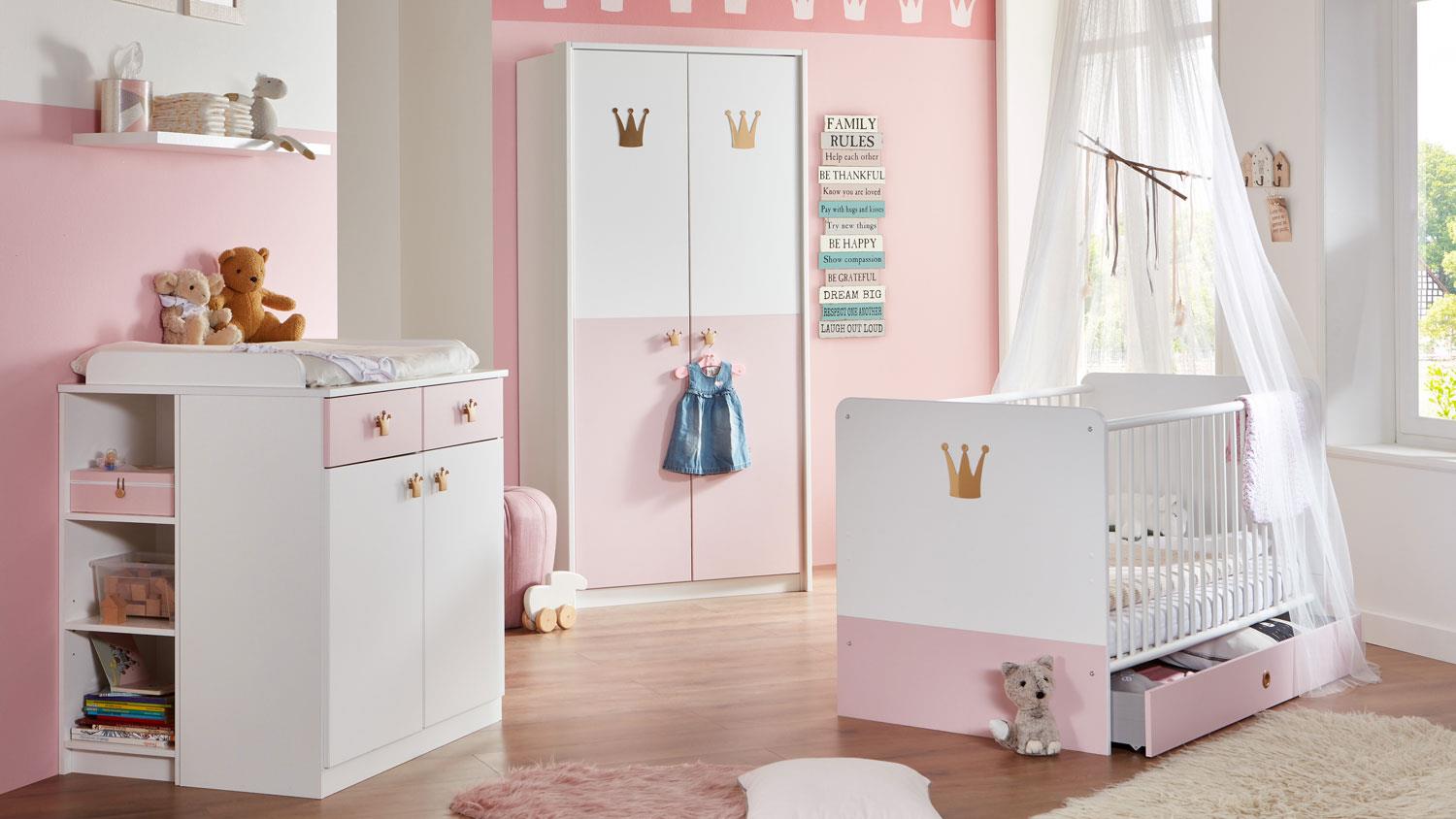 Babyzimmer CINDY 2 weiß rosé 3-tlg. Kinderzimmer 70x140
