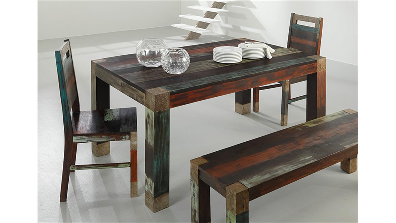 Esszimmer Tisch & Bank & Stühle aus Holz & Metall & Kunstleder - Viamare  (6-teilig)