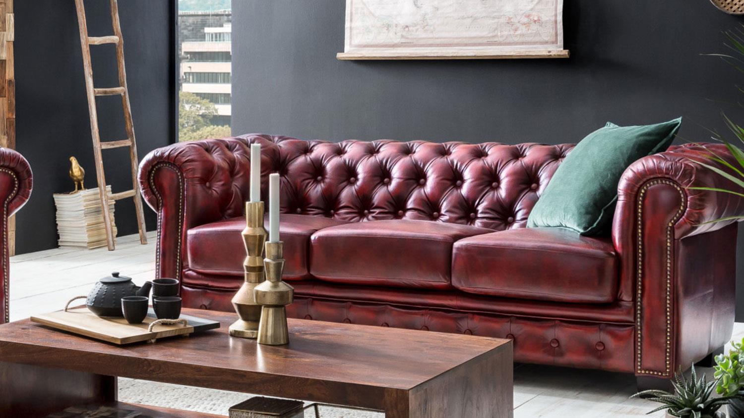 Chesterfield Sofa 3 Sitzer Leder Antik Rot Luxus Hochwertig