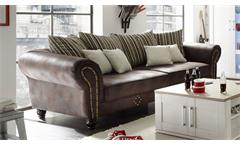 Big Sofa Megasofa Couch Carlos antik dunkelbraun Stoff beige gestreift Kissen
