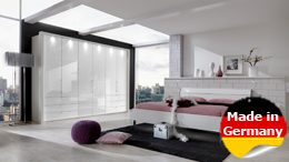 Schlafzimmer Set Loft Kleidertschrank Bett Nachtkommode in weiß mit Glas