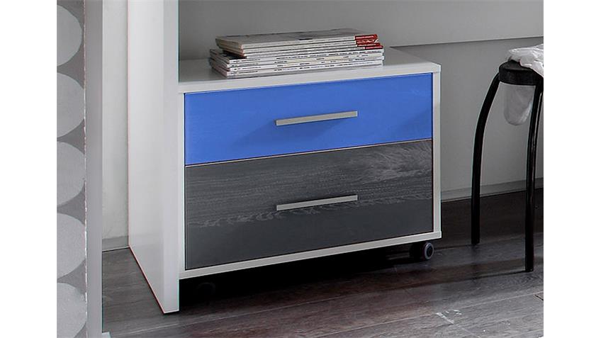 Schreibtisch Colori Tisch in weiß mit Rollcontainer in blau und grau