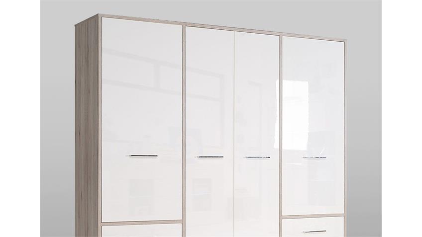 Kleiderschrank JANDIA Schrank weiß Hochglanz Sandeiche 208 cm