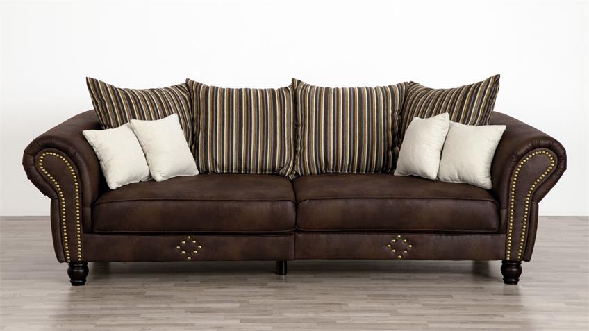 Big Sofa CARLOS antik dunkelbraun Stoff beige gestreift Kissen