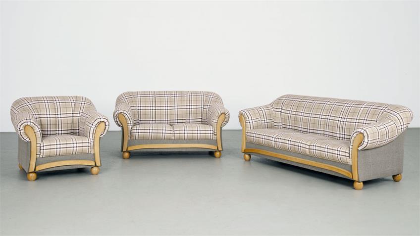 Sofa WERA 3-Sitzer Stoff grau beige kariert Federkern 215 cm