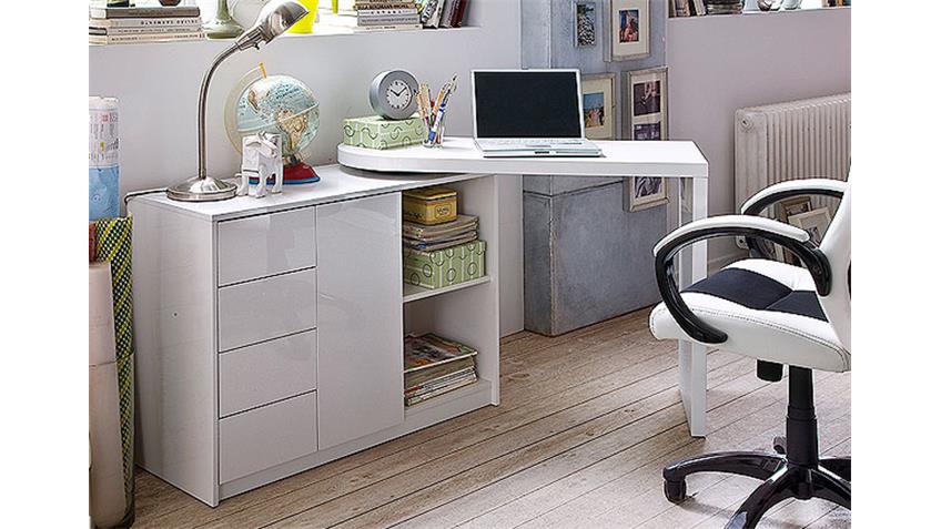 Schreibtisch VIVOR mit Regal-Schrank Weiß Hochglanz Lack