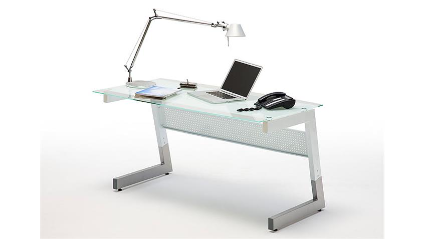 Schreibtisch Roby Glas Bürotisch weiß Metall silber 150x70 cm