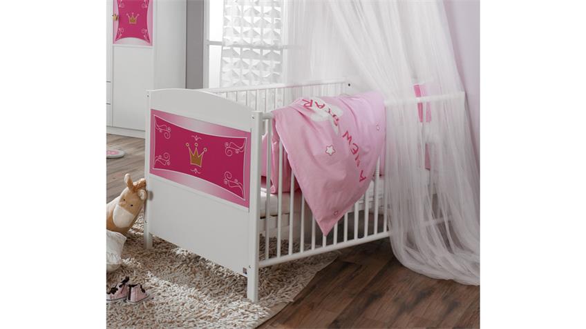 Babybett KATE weiß und rosa Print Prinzessin 70x140 cm