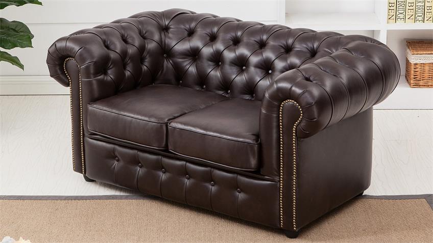 Sofa Chesterfield 2-Sitzer Couch in dunkelbraun glänzend