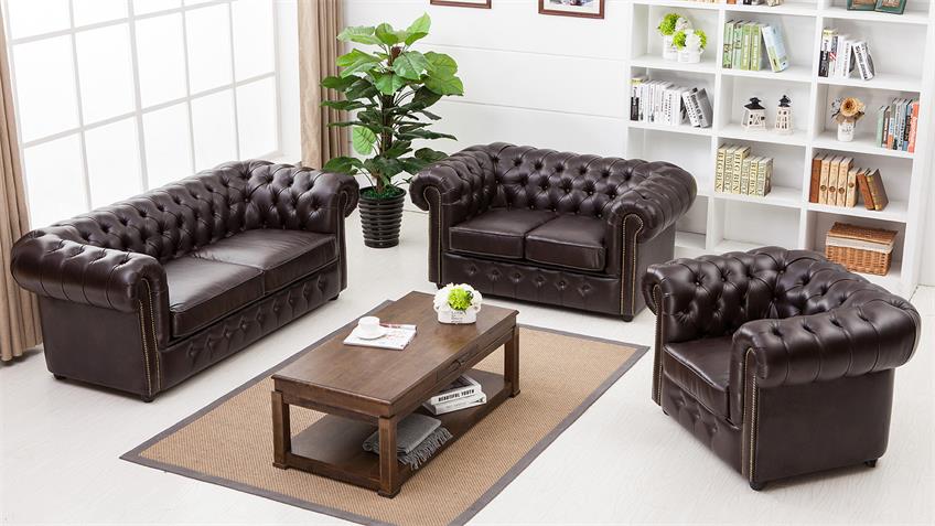 Sofa CHESTERFIELD 2-Sitzer dunkelbraun glänzend