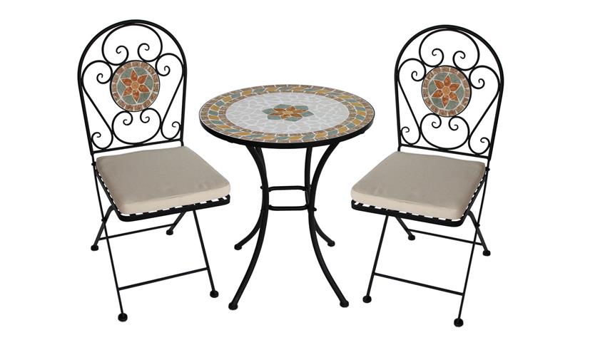Eisenstuhl Stuhl 2er Set für Balkon mit Blumen Mosaik und Sitzpolster