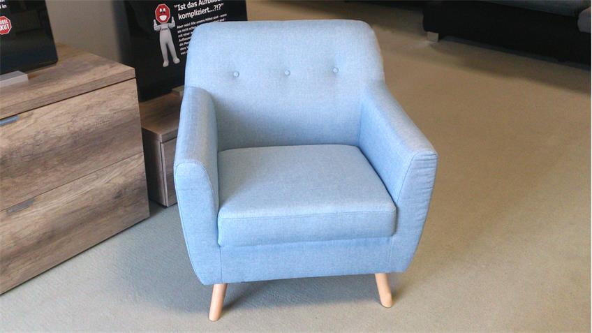 Sessel Linon Retro 1-Sitzer in Leinenstoff hellblau und Buche
