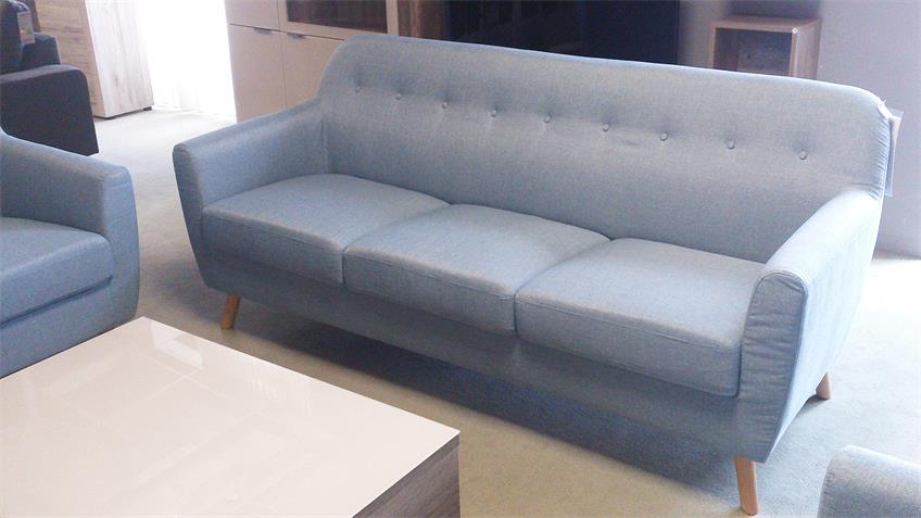 Sofa 3-Sitzer Linon Retro Couch in Leinenstoff hellblau und Buche