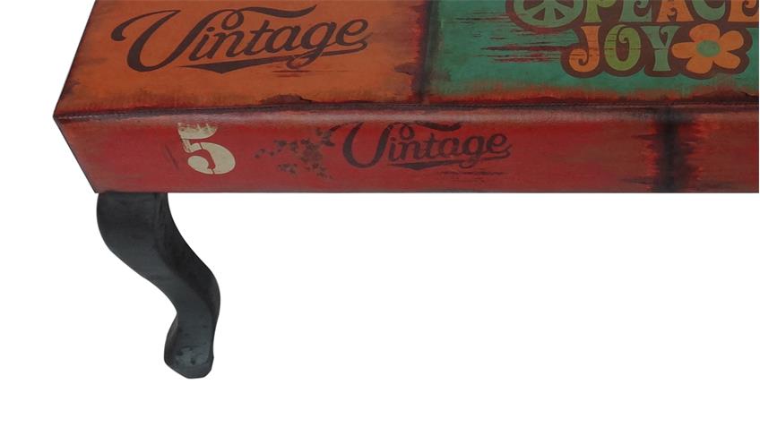 Holzbank Vintage Sitzbank Couchtisch mit Lederlook Paris Motiv