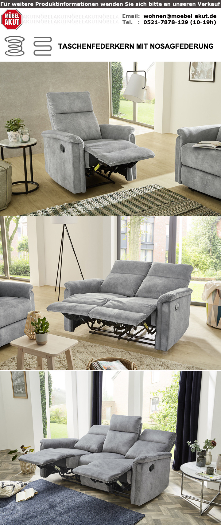 Sofa Amrum Sessel grau Relaxsessel 180 3-Sitzer mit Funktion Vintage
